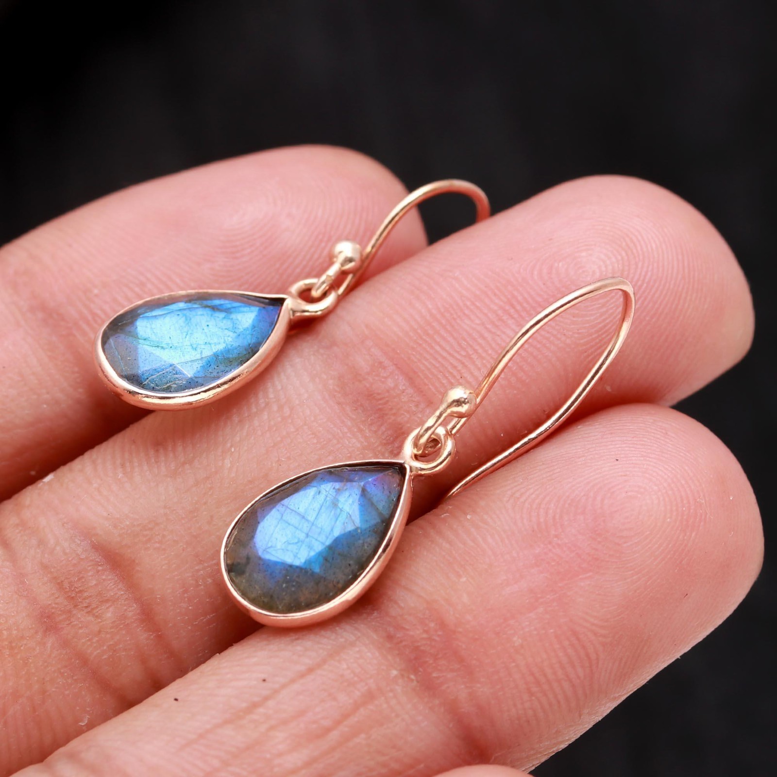 Natural Labradorite Pear Dangle Earrings Rose Gold Plated Solid Silver Jewelry