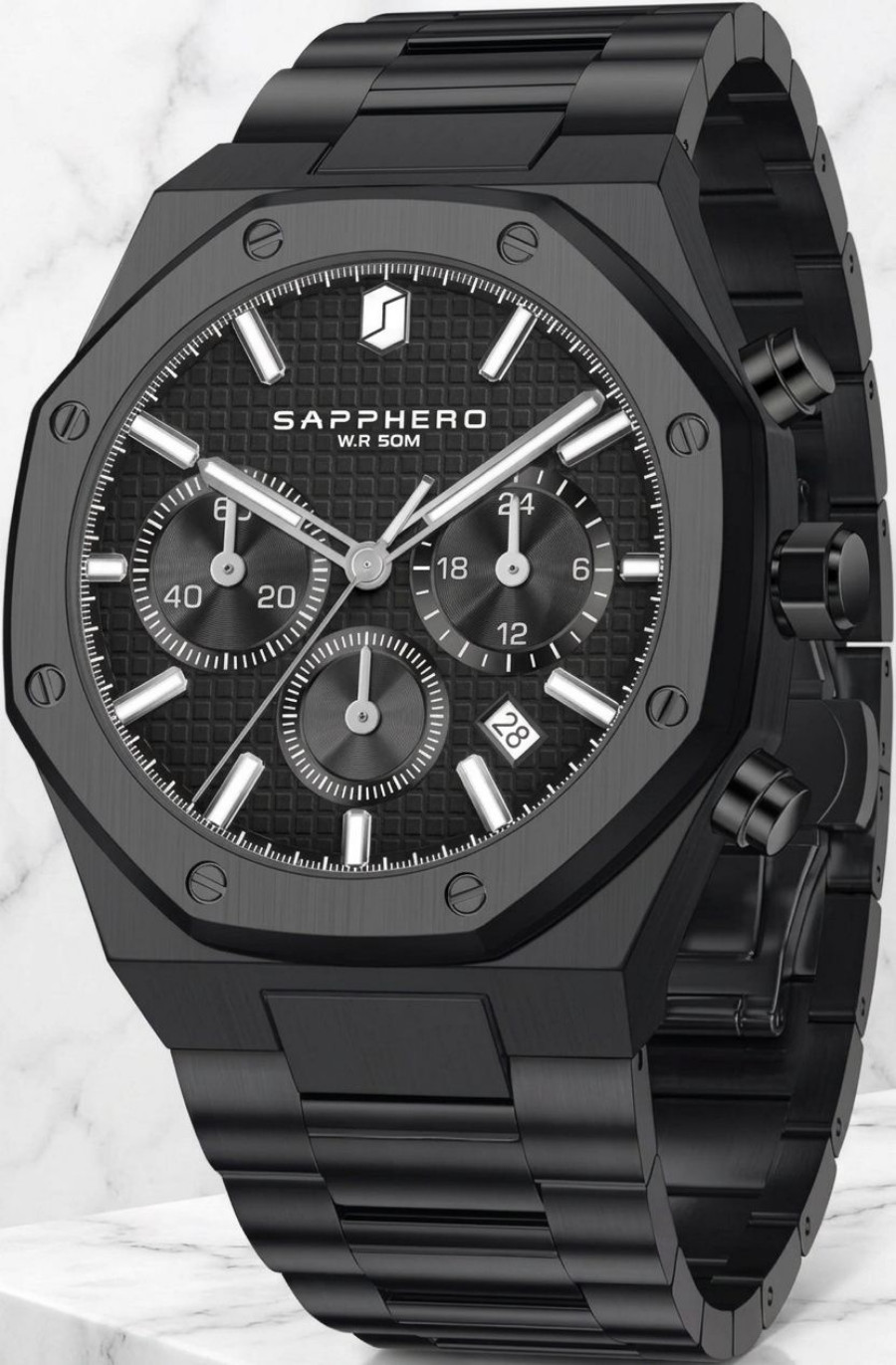 Men’s Octagonal Watch All Black Stainless Steel Bracelet Business Wristwatch