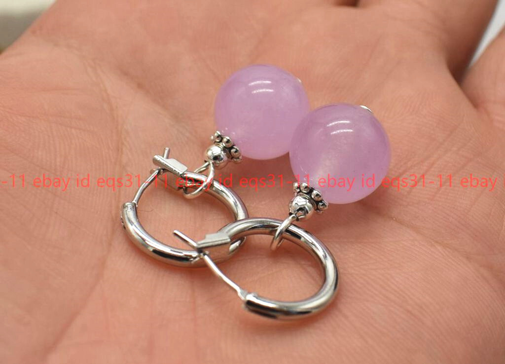 Natural 8/10/12mm Light Purple Jade Round Gemstone Beads Drop Leveback Earrings