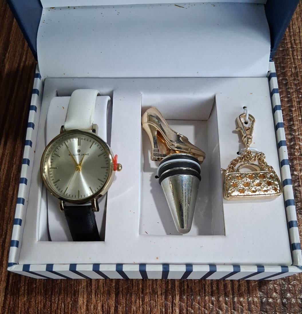Sailor Jane Watch Set NIB Black White Shoe Wine Stopper Purse Charm Boxed