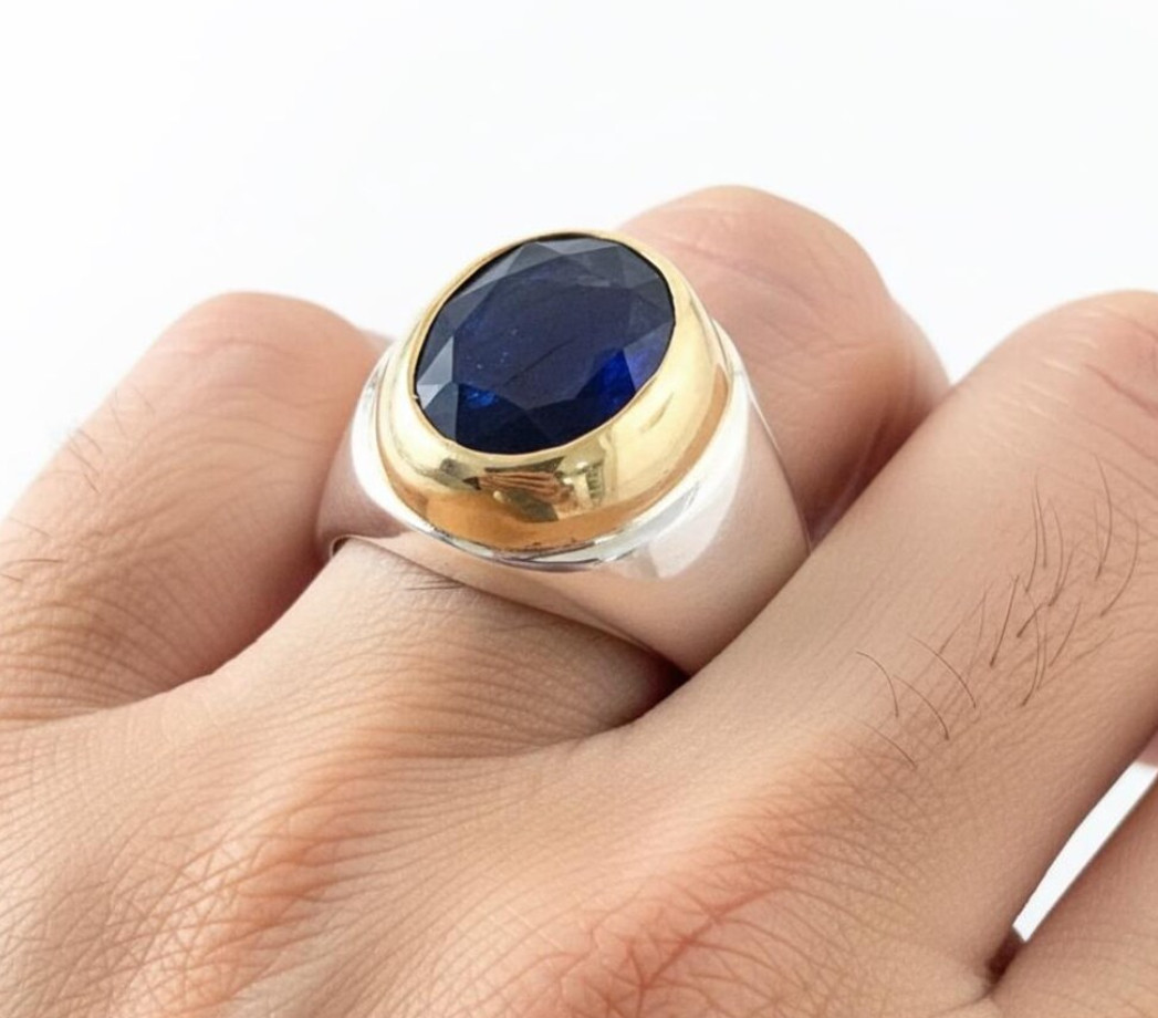 Solid 925 Silver Natural Blue Sapphire Ring Vintage Men’s Jewelry Birthday Gift