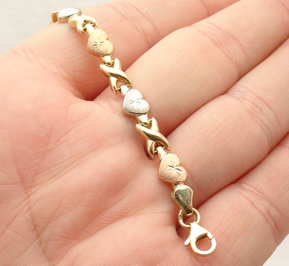 7″ Hearts & Kisses Bracelet 10K Yellow White Rose TriColor Gold Plated Silver
