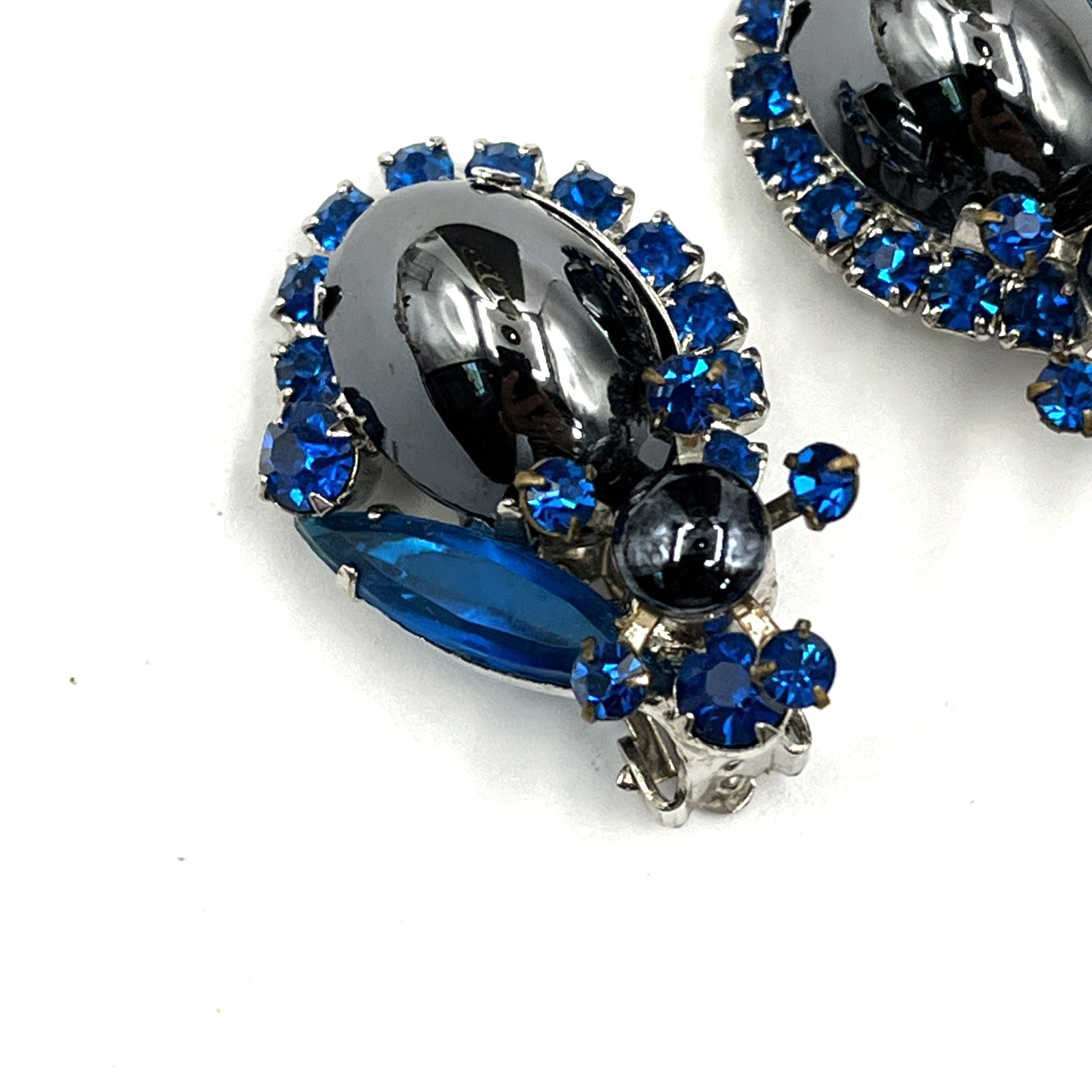 Juliana Earrings Hematite Glass Cabochon AB Earrings 1.25″ Silver Tone