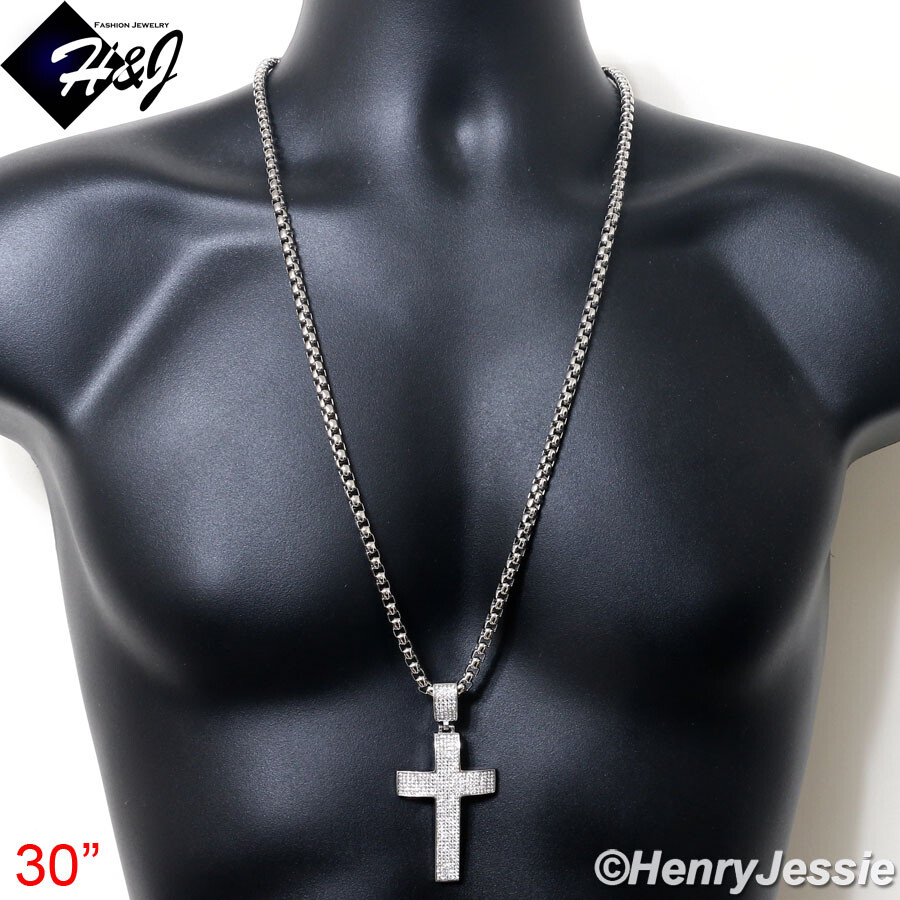 18″-40″MEN Stainless Steel 5mm Silver Box Link Chain ICY CZ Cross Pendant*IP21