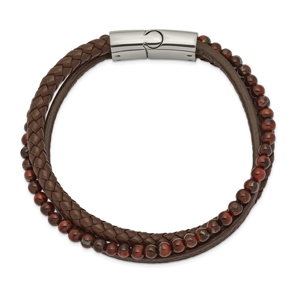 Stainless Steel Polished with Tiger’s Eye Brown Leather 8.25in Bracelet