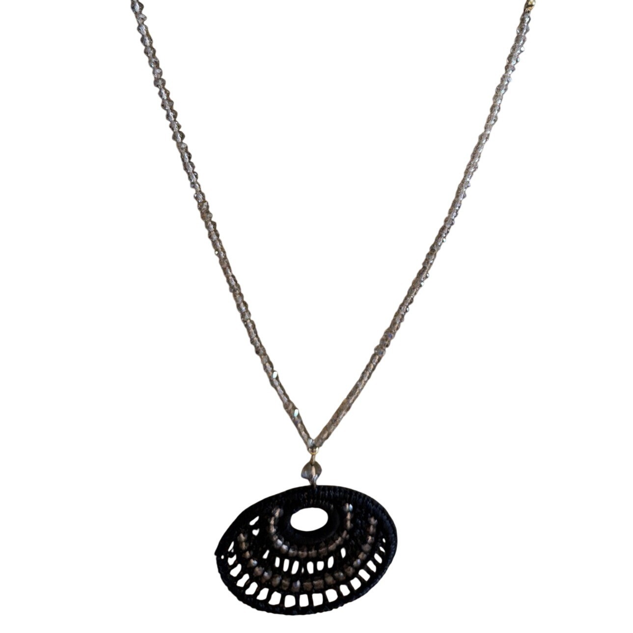 Black Crochet Lace Beaded Statement Necklace Gold Tone Boho Circle Pendant Boho