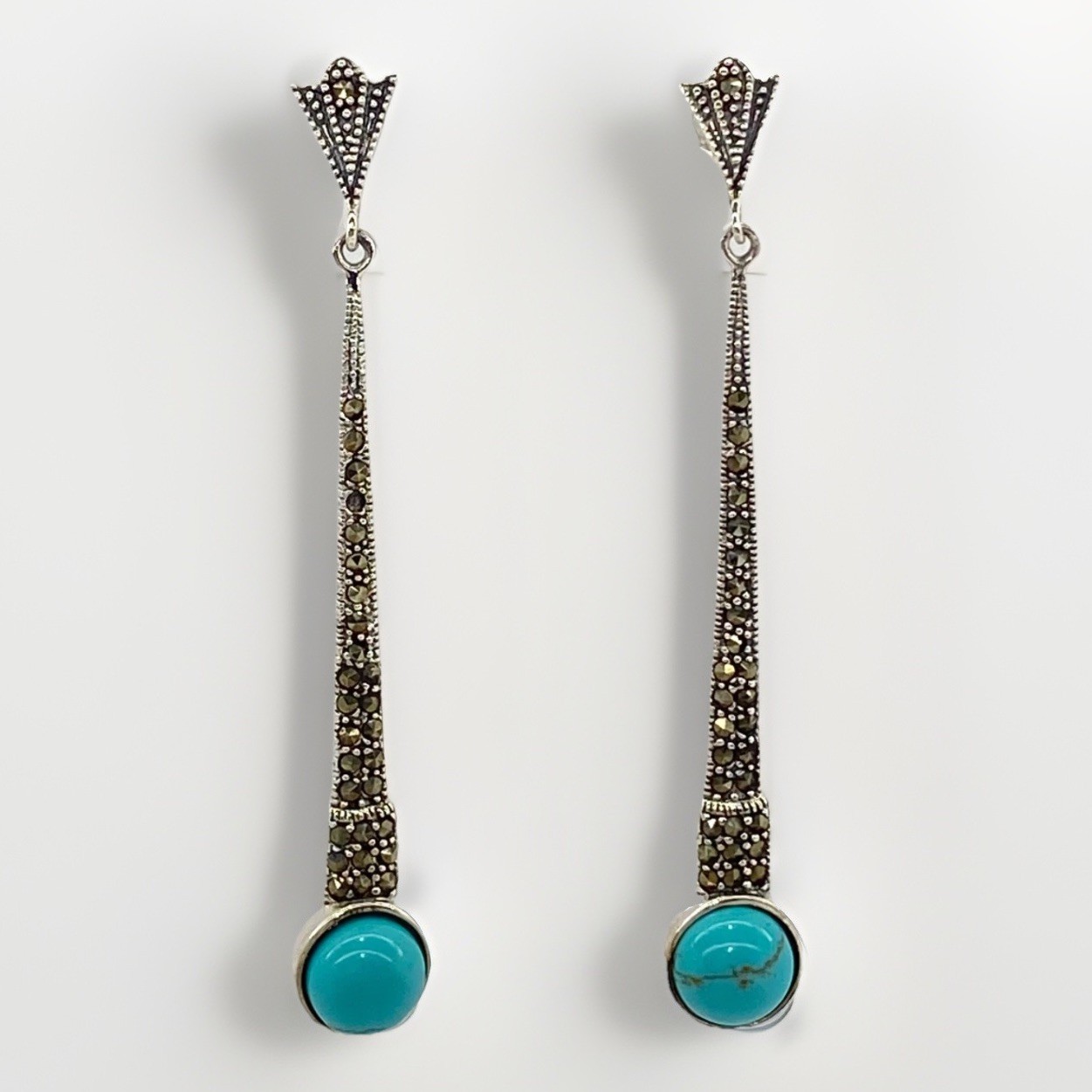 Turquoise Earring Studs 925 Sterling Silver Marcasite Long Drop 6.2cm New