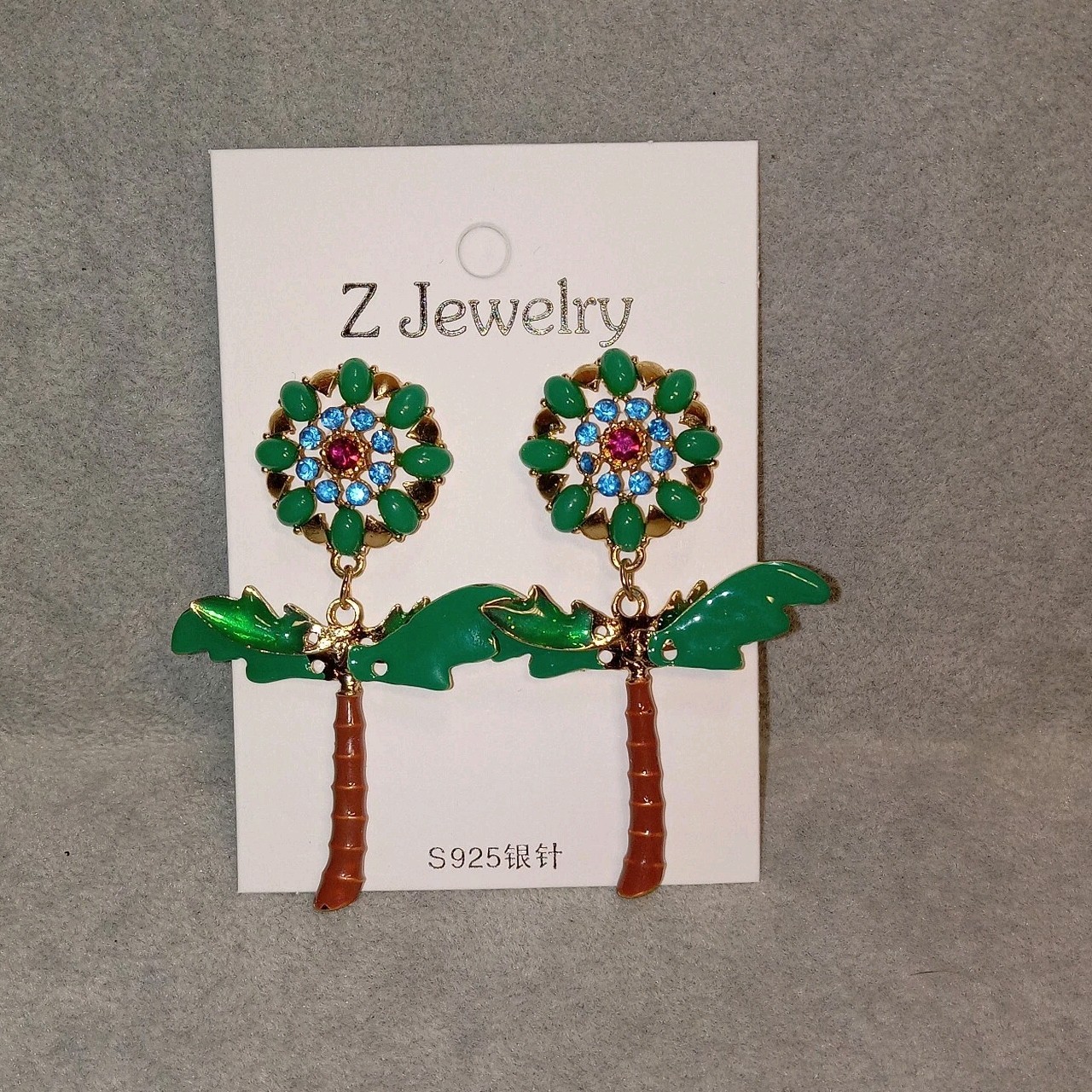 Palm Tree Flowe Jewelry Stateme Earrings Rhinestone Enamel Unique Rare Tropical