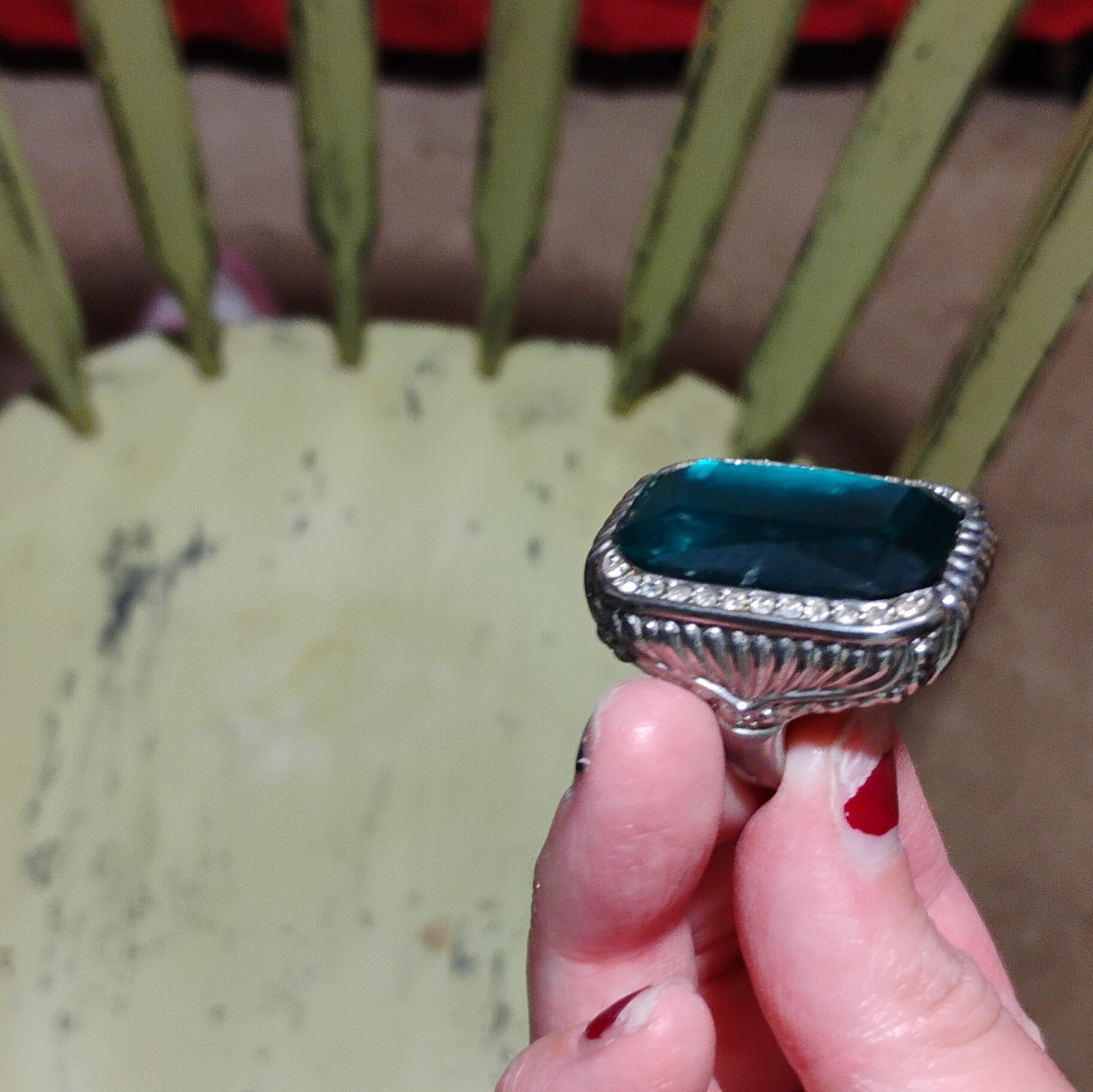 Silver Tone Cocktail Ring Size 9 Blue Rectangular Stone Rhinestone Halo