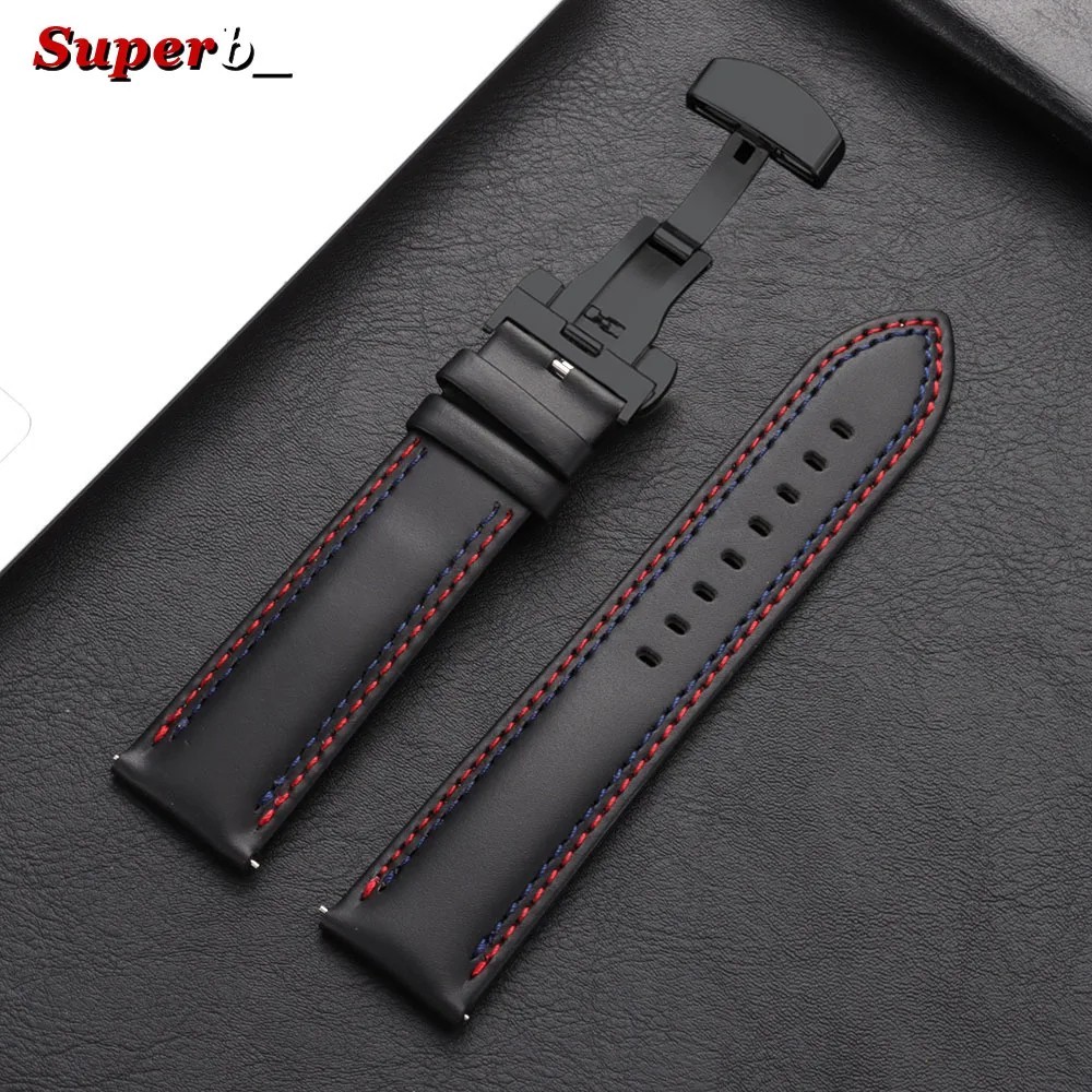 Genuine Calfskin Leather Watch Band 20mm 22mm 24mm Butterfly Buckle Strap