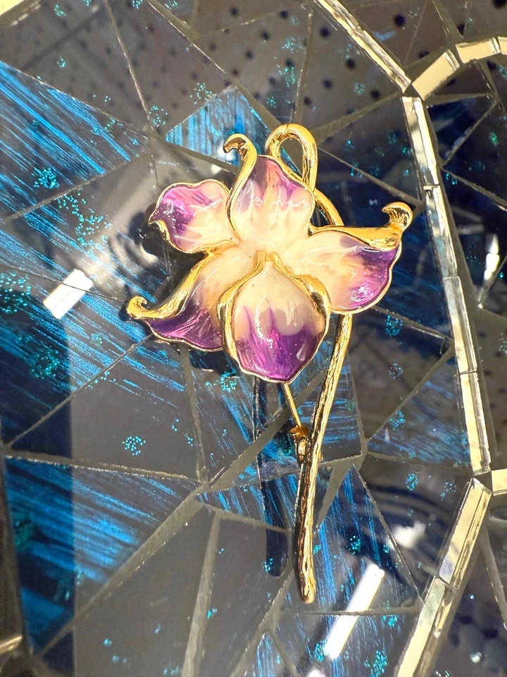 New Orchid Enamel Flower Brooch, 2.28-Inch, 14K Gold‑Plated Pin