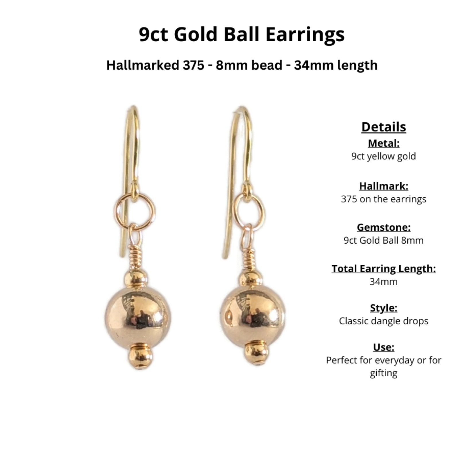9ct Gold Drop Earrings, Hallmarked 375, 8mm 9ct Gold Ball Beads, Gift Boxed