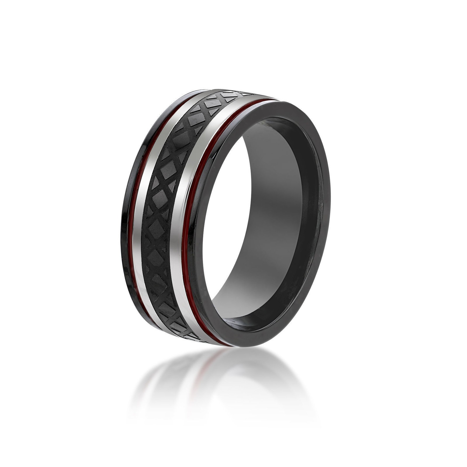 Stainless Steel Black Ion Plated Modern Striped Mutli-Color Red Resin Ring Sz 12