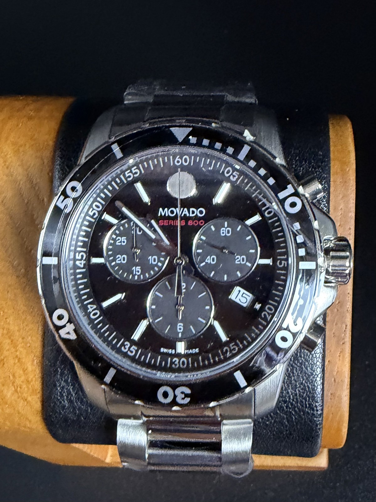 Movado Series 800 Black Dial & Bezel 42mm Chronograph Steel Watch Model #2600142