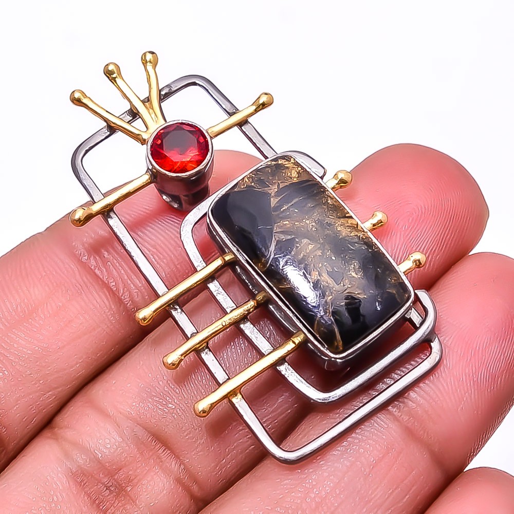 Copper Black Obsidian, Red Garnet Black And Gold Plated 925 Silver Pendant 1.56″