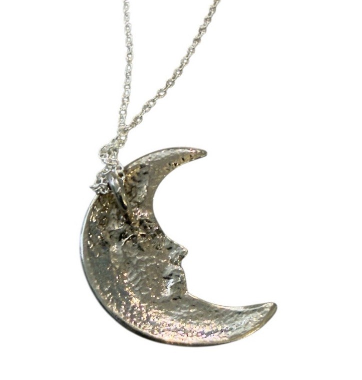 Vintage Crescent Moon w Face Pendant Necklace, Dainty Silver Rolo Chain, 19”