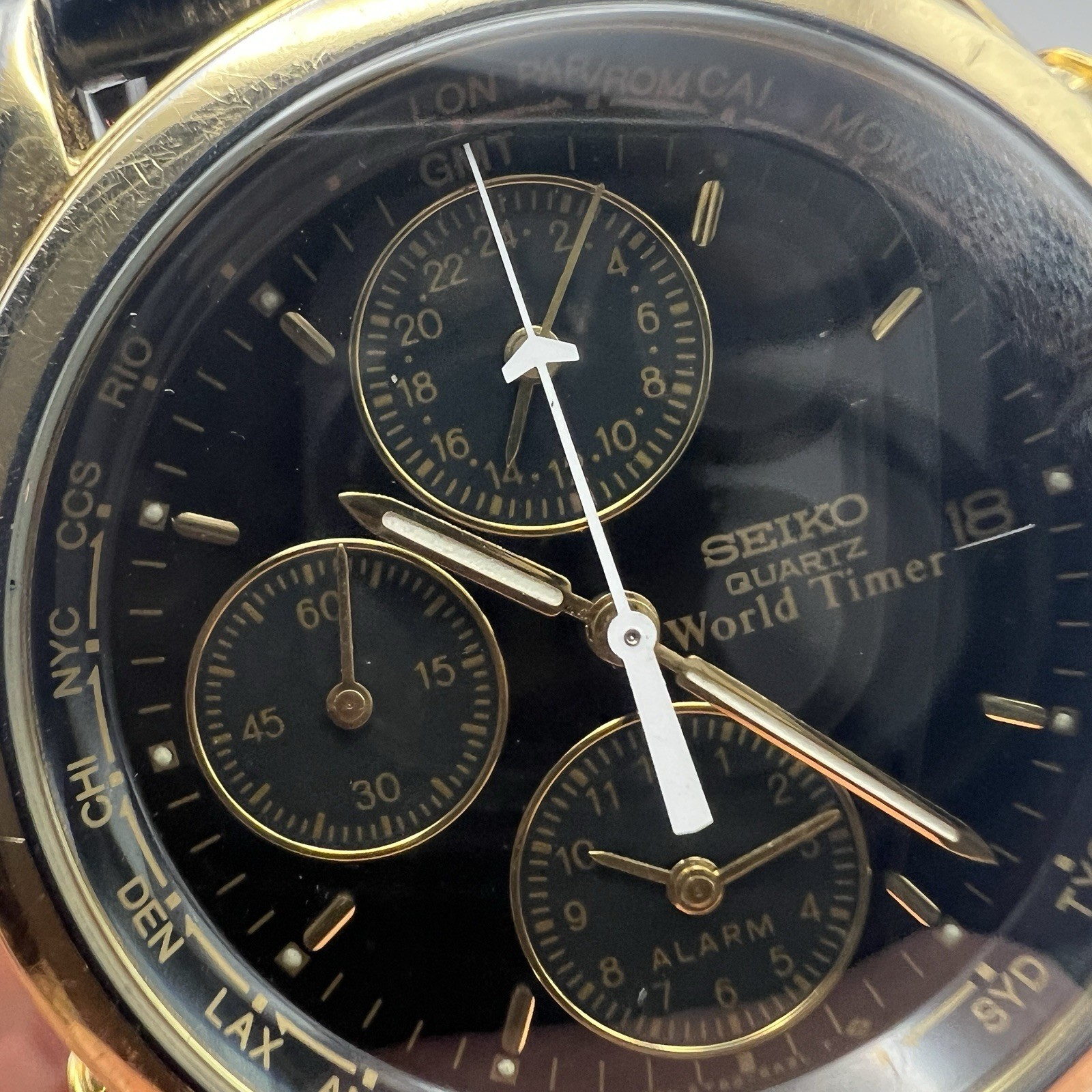 Vintage Seiko 5T52-6A39 World Timer Chronograph Black & Gold Quartz WORKS