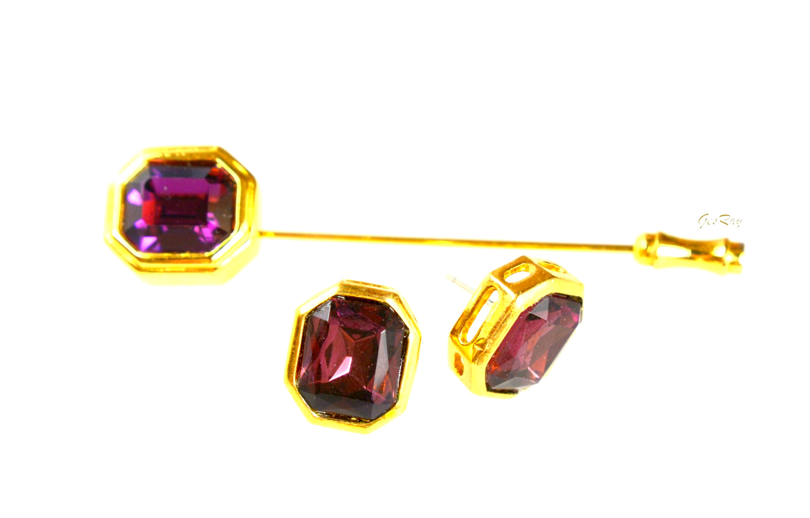 Faux Amethyst Stick Pin & Pierced Earrings Vintage
