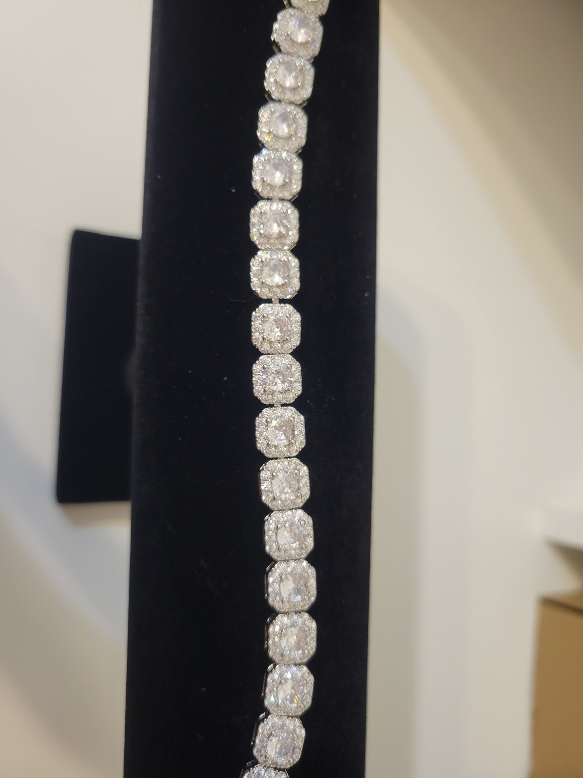 Silver Tone Cushion Cut Halo Simulated CZ Tennis Bracelet Box Clasp Closure