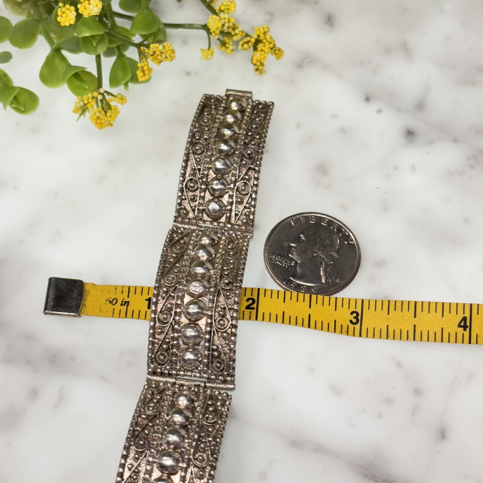 Antique Sterling Silver 935 Scroll Ball Dot Hinged Panel Bracelet 7” Long 30.0g