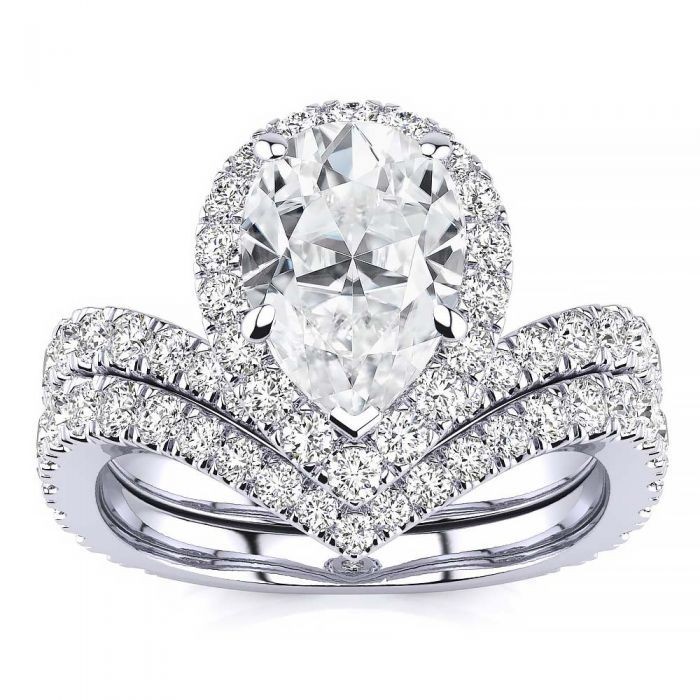IGI Pear Halo Lab Grown Diamond Bridal Ring Set 3.25Ct 14K White Gold VS1