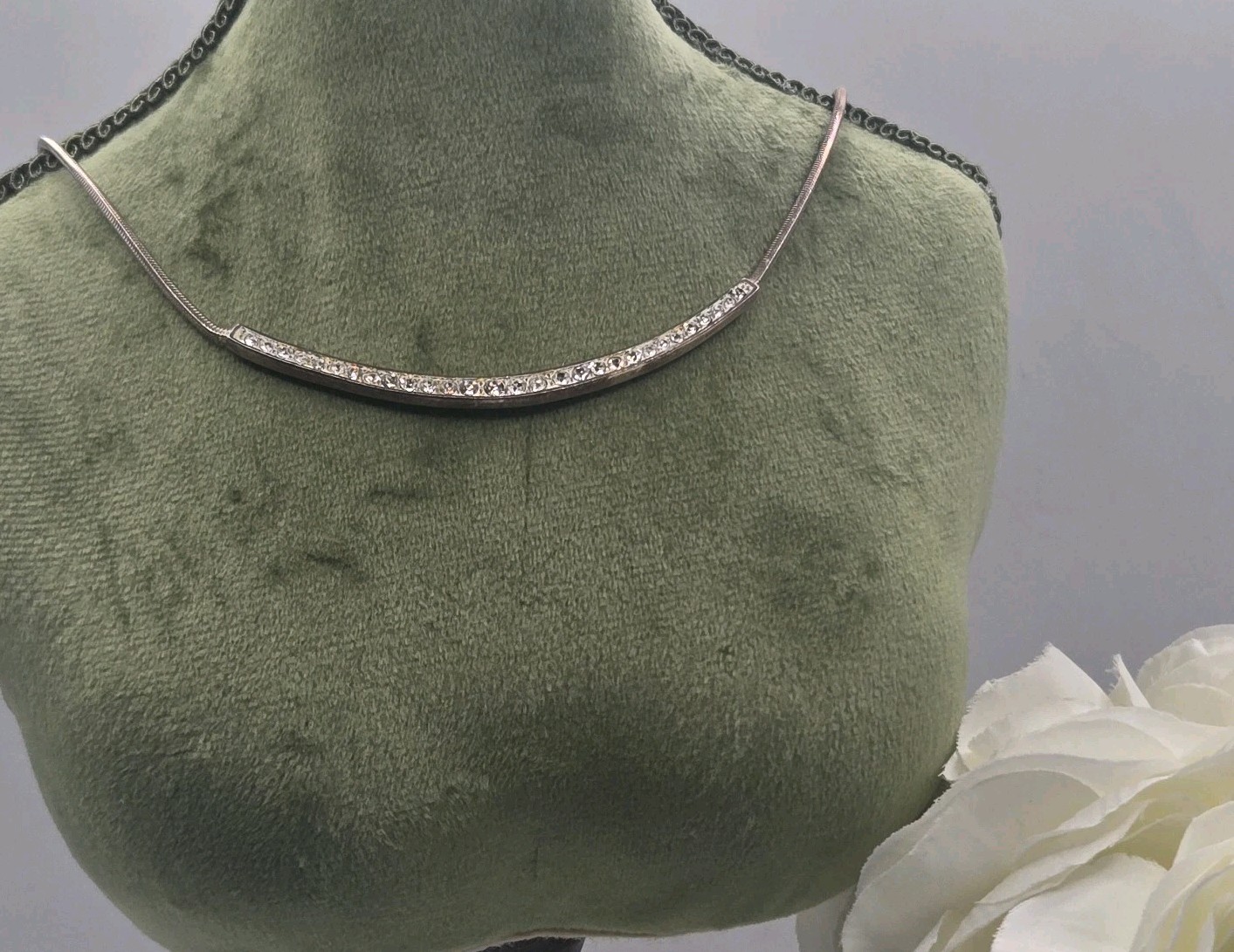 Vintage Necklace Curved 3″ Bar Small Pavé-set Stones on Rope Chain • Silver Tone