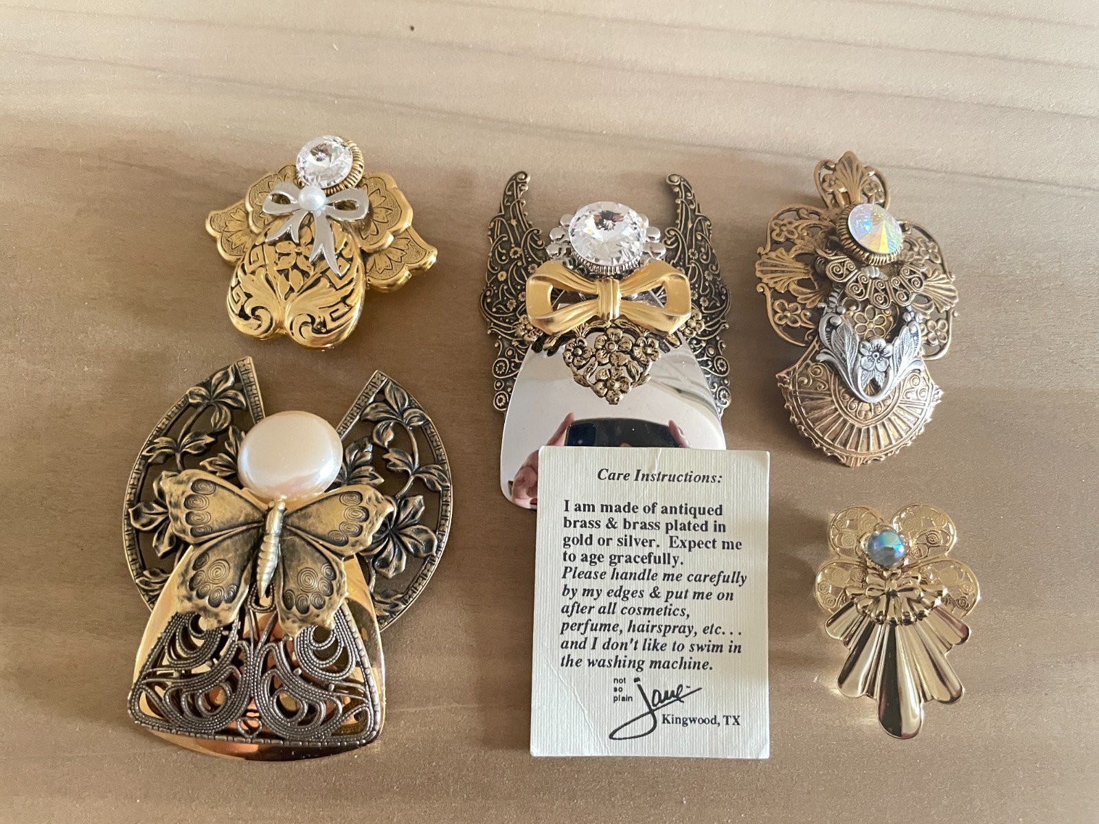 Lot of 5 Vintage Jane Davis Angel Brooches Filigree Gold Silver Bronze Tone