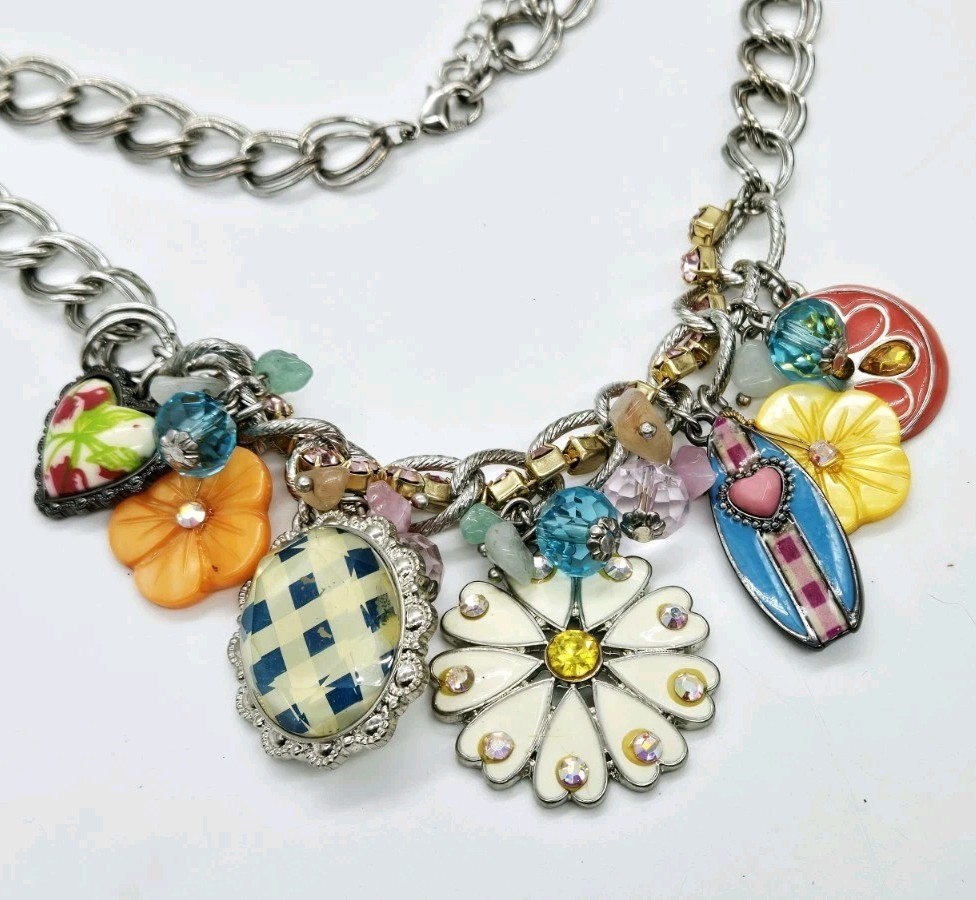 Surfboard Flower Charm Necklace MultiColor Beaded Colorful Wrap 17 in