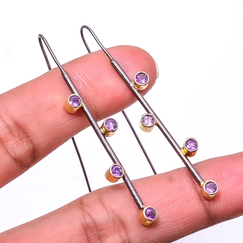 Amethyst 925 Sterling Silver Black And Gold Rhodium Plated Earring 2.15″ E34