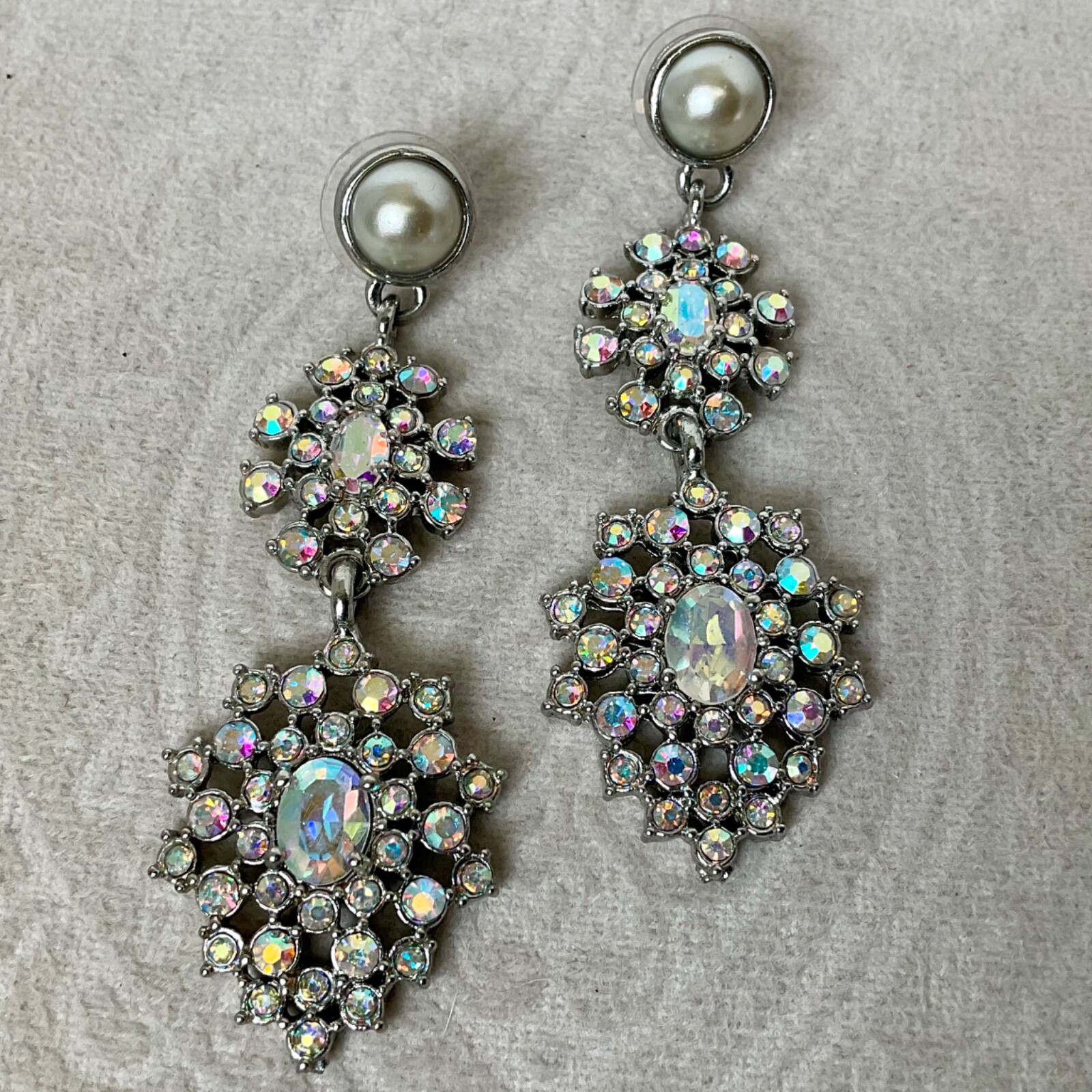 Aurora Borealis Rhinestone Drop Dangle Post Earrings Statement Snowflake Shimmer