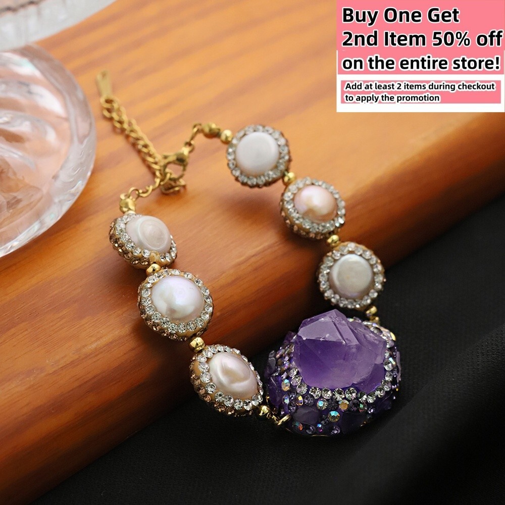 Natural Freshwater Pearl Charm Bracelet Chain Purple Crystal Gem Hand Strings