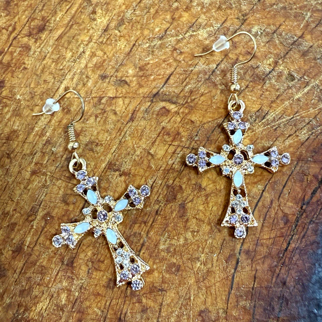 Gold-tone clear rhinestone cross dangle/drop hook earrings, religious theme