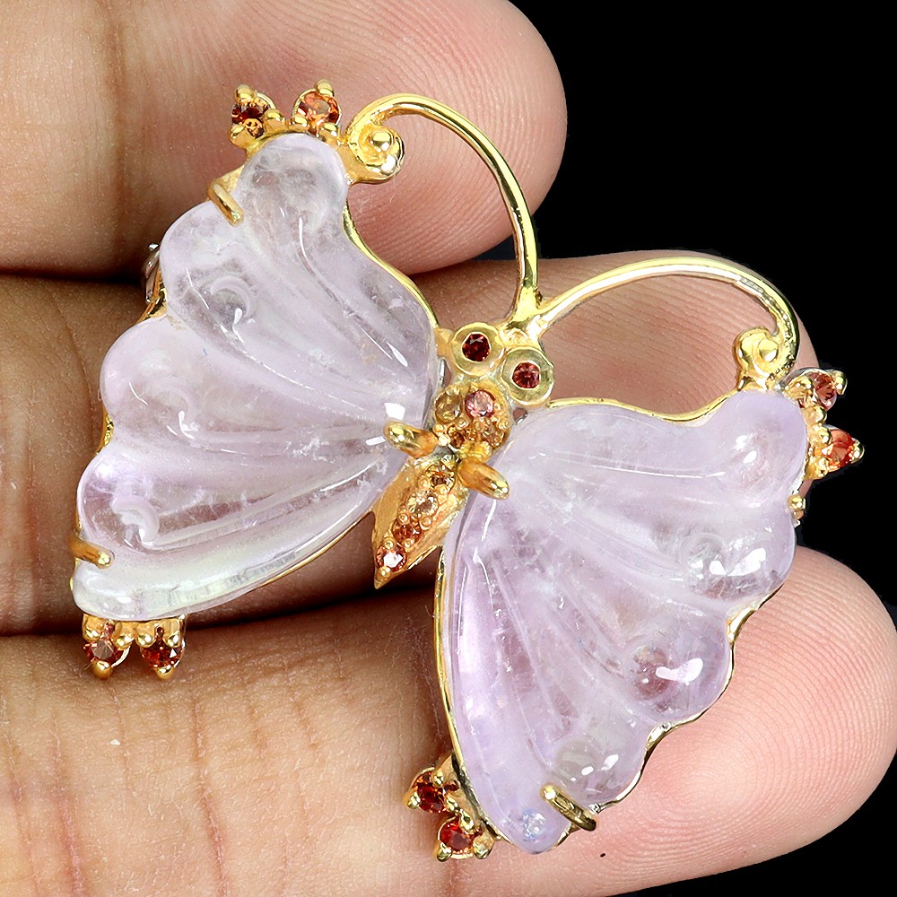 925 Sterling Silver Brooch Butterfly Carving Amethyst 41ct Handmade Gemstone