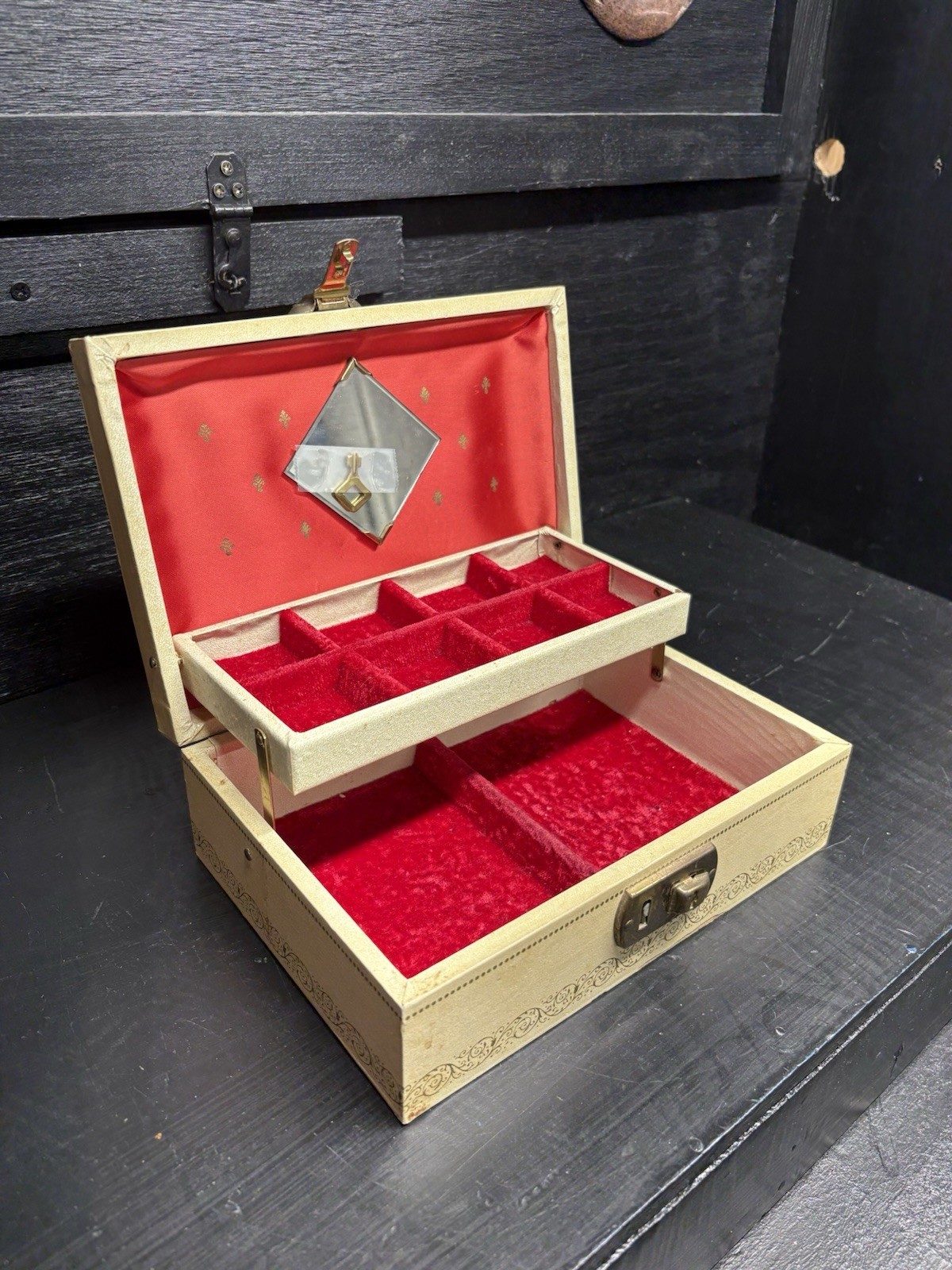 Vintage White/Cream Jewelry Box With Red Velvet Lining, Mirror And Key See Pics
