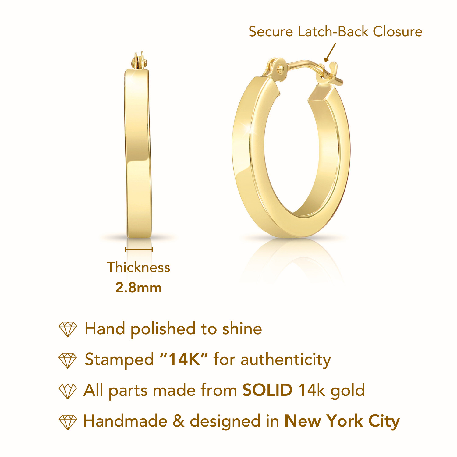 14K Real Solid Yellow Gold Square Tube Chunky Creole Hoop Earrings 15MM-30MM