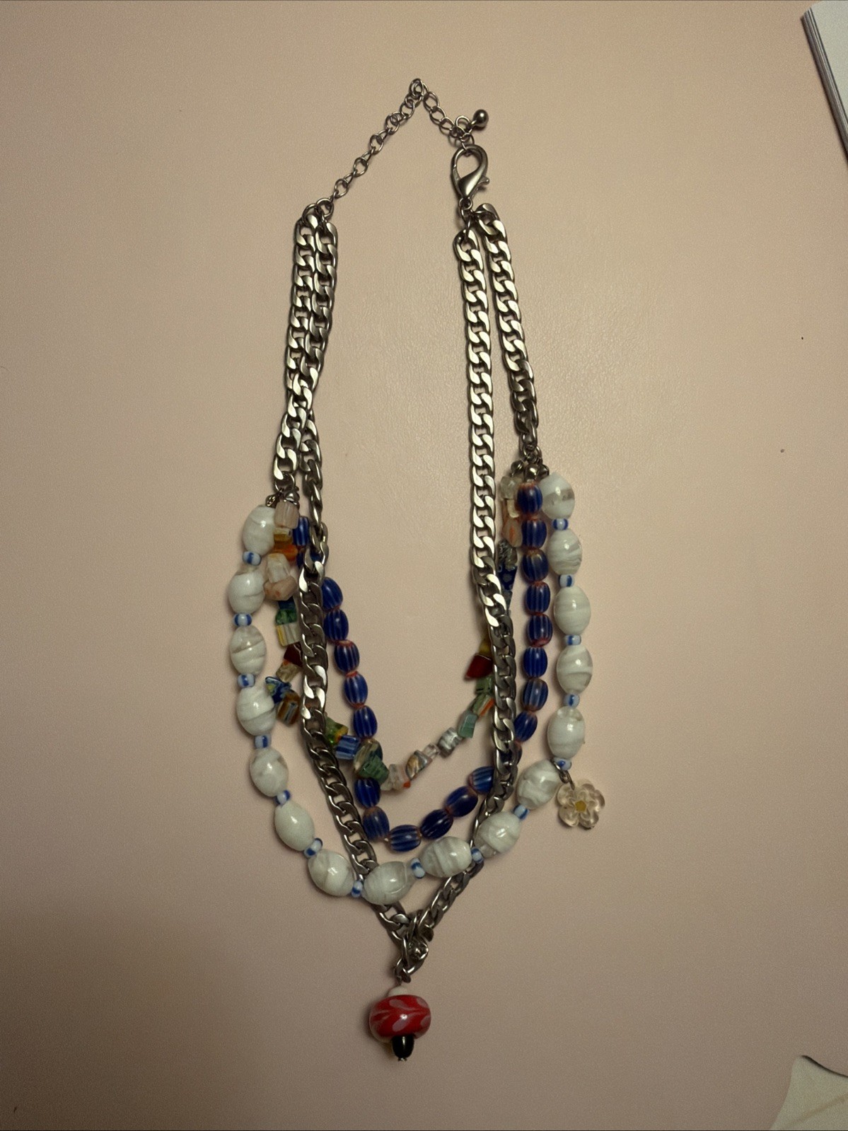 Free People Layered Mykonos Beaded Necklace Silver Chain