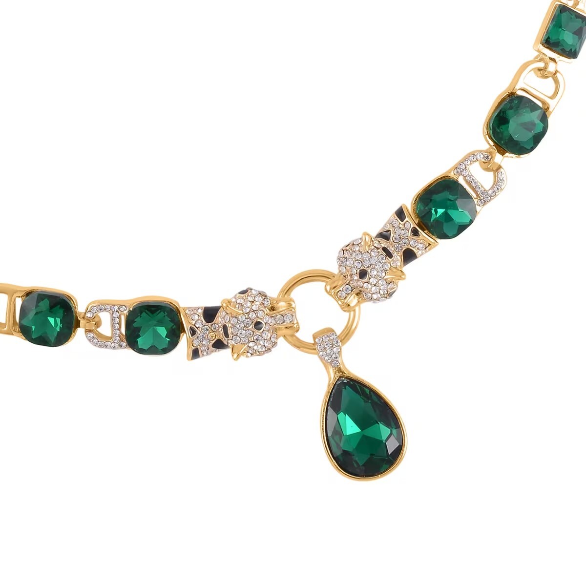 Green Glass and Austrian Crystal Enameled Necklace 20.5-22.5 Inches in Goldtone