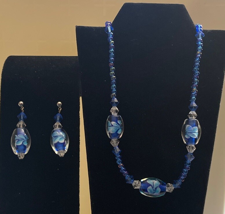 Hand Crafted Blue Flower Art Glass Beads Beaded Necklace Pierced Earrings J-26