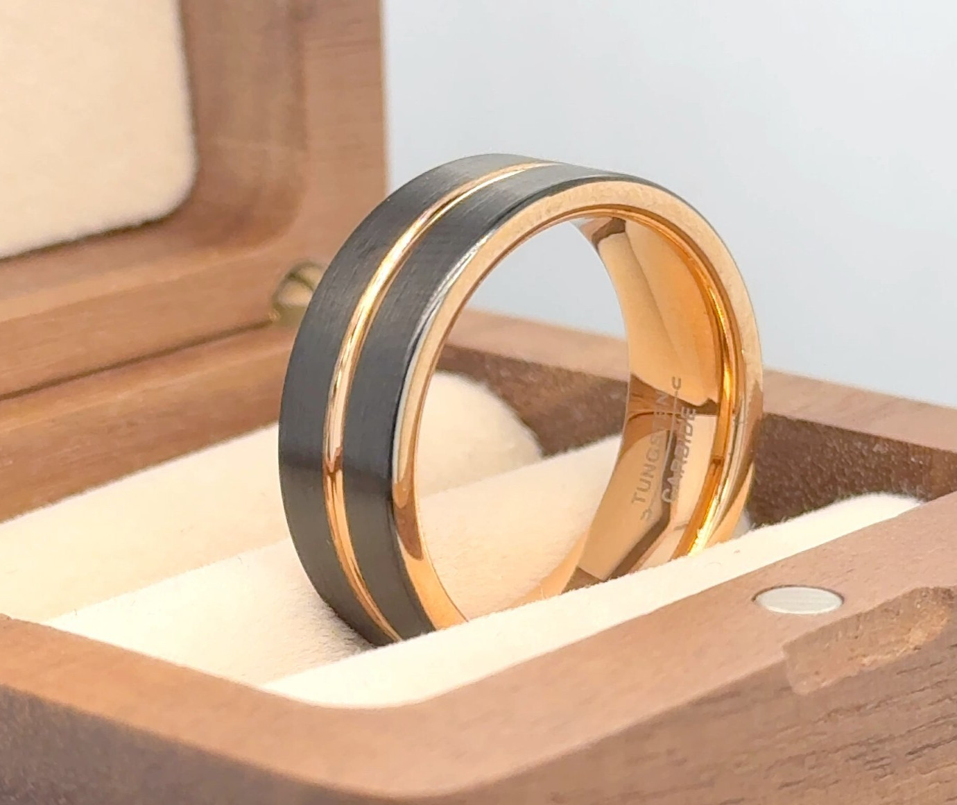 Modern Rose Gold And Black Tungsten Ring – Unique Grooved Pattern Couple Band