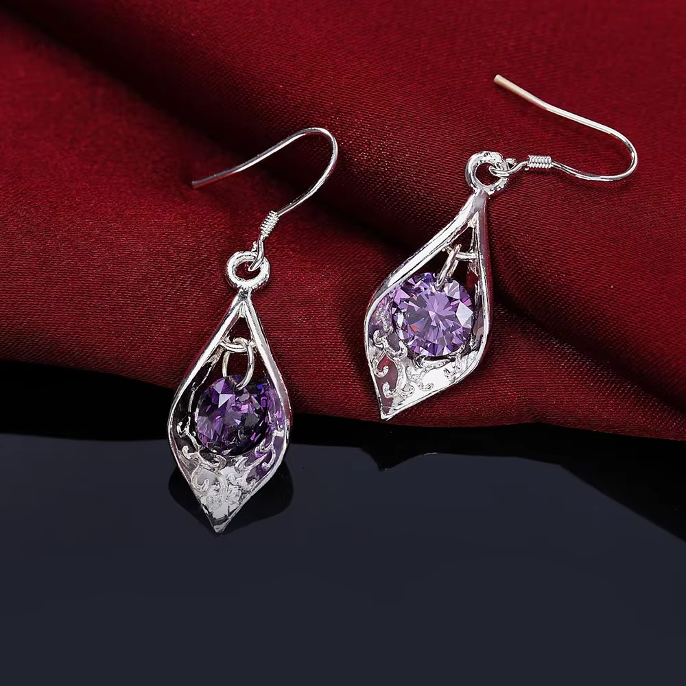 925 Sterling Silver Purple CZ Crystal Teardrop Drop Dangle Earrings Women Gift