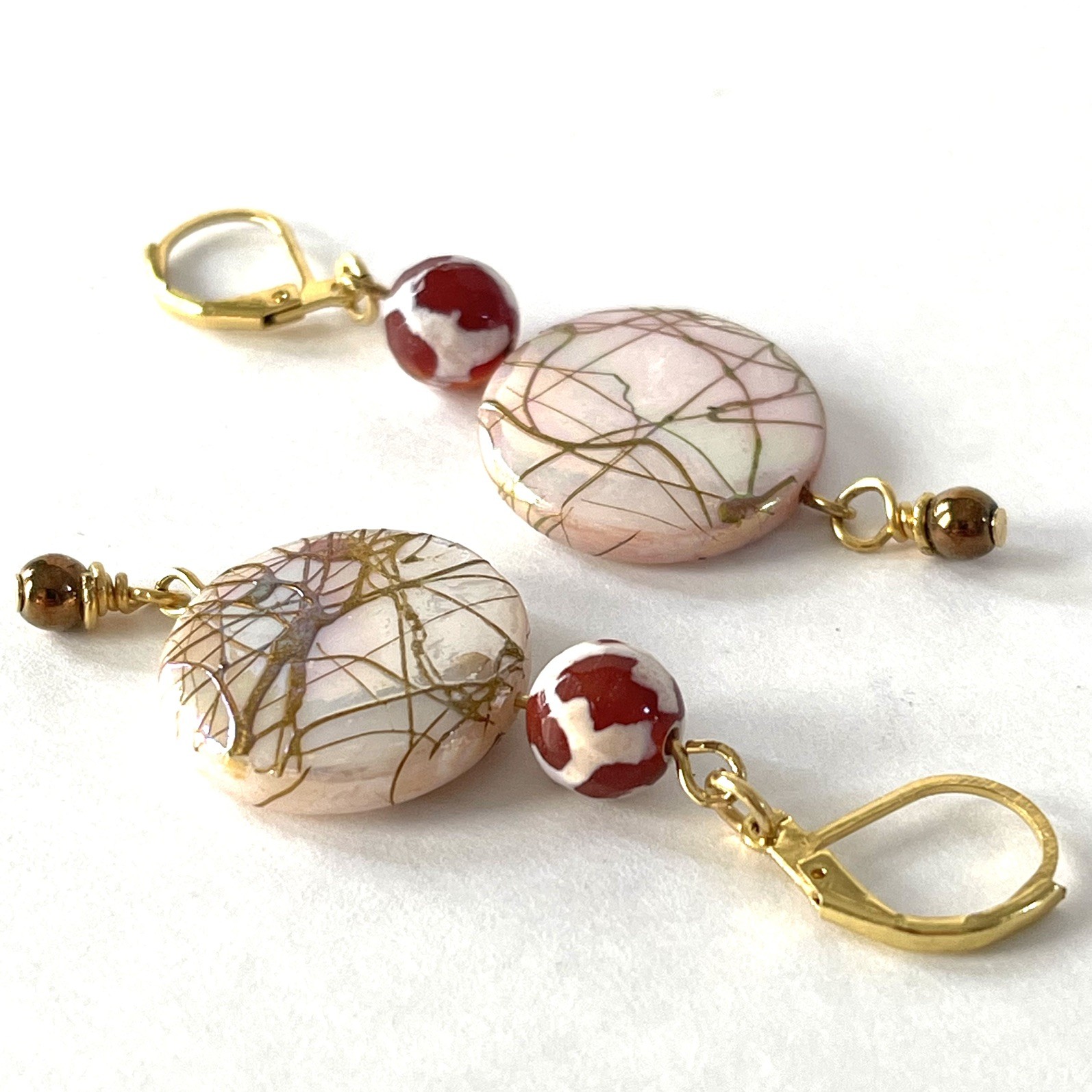 Handmade Mother of Pearl with Gold Drizzle Handmade Jewelry Dangle Earrings