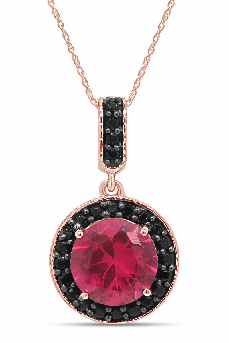 Simulated Pink Ruby & Black Spinel Dangle Pendant Necklace 14k Rose Gold Plated