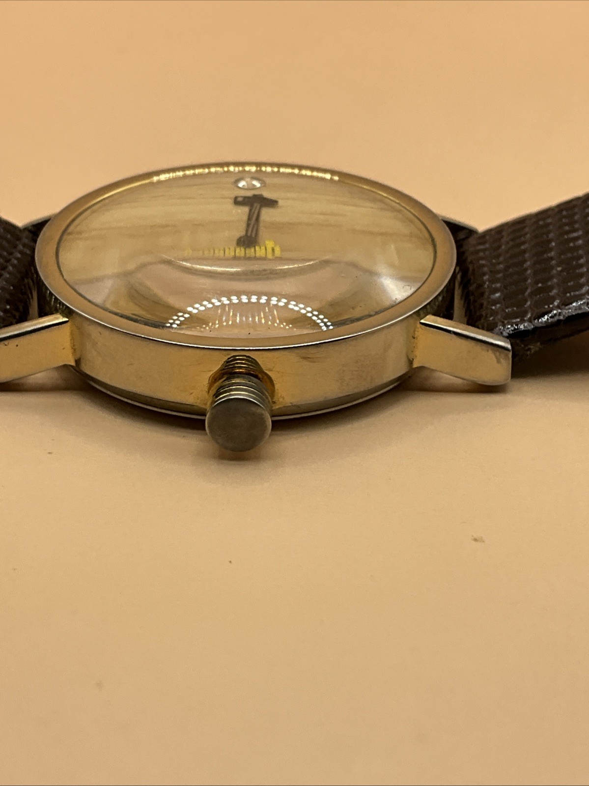 Consort Analog Wood Grain Beige Dial Brown Leather Stainless Steel Wristwatch
