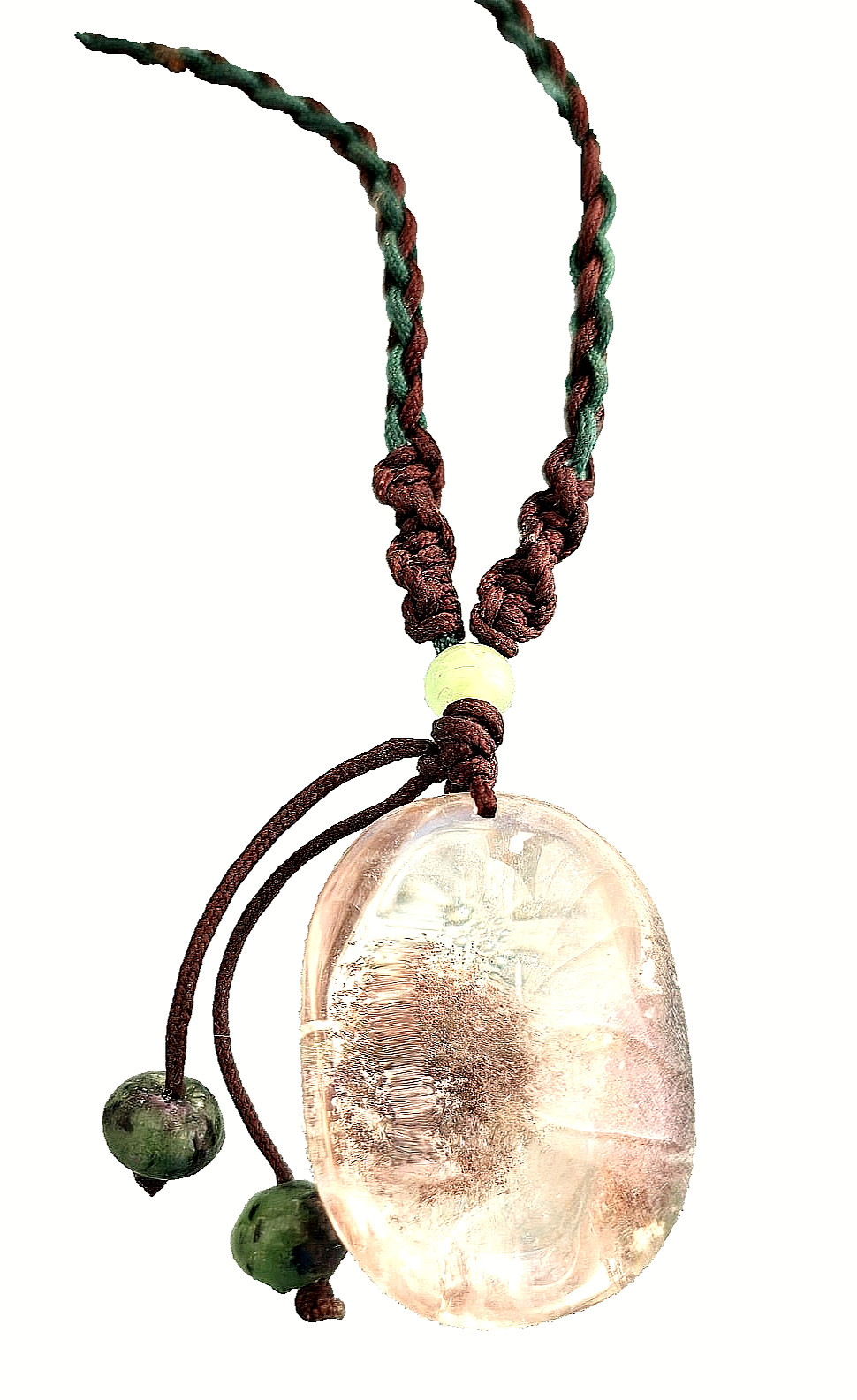 Natural PHANTOM Quartz XL OVAL Crystal Hand POLISHED Necklace w/ JADE, ZOISITE