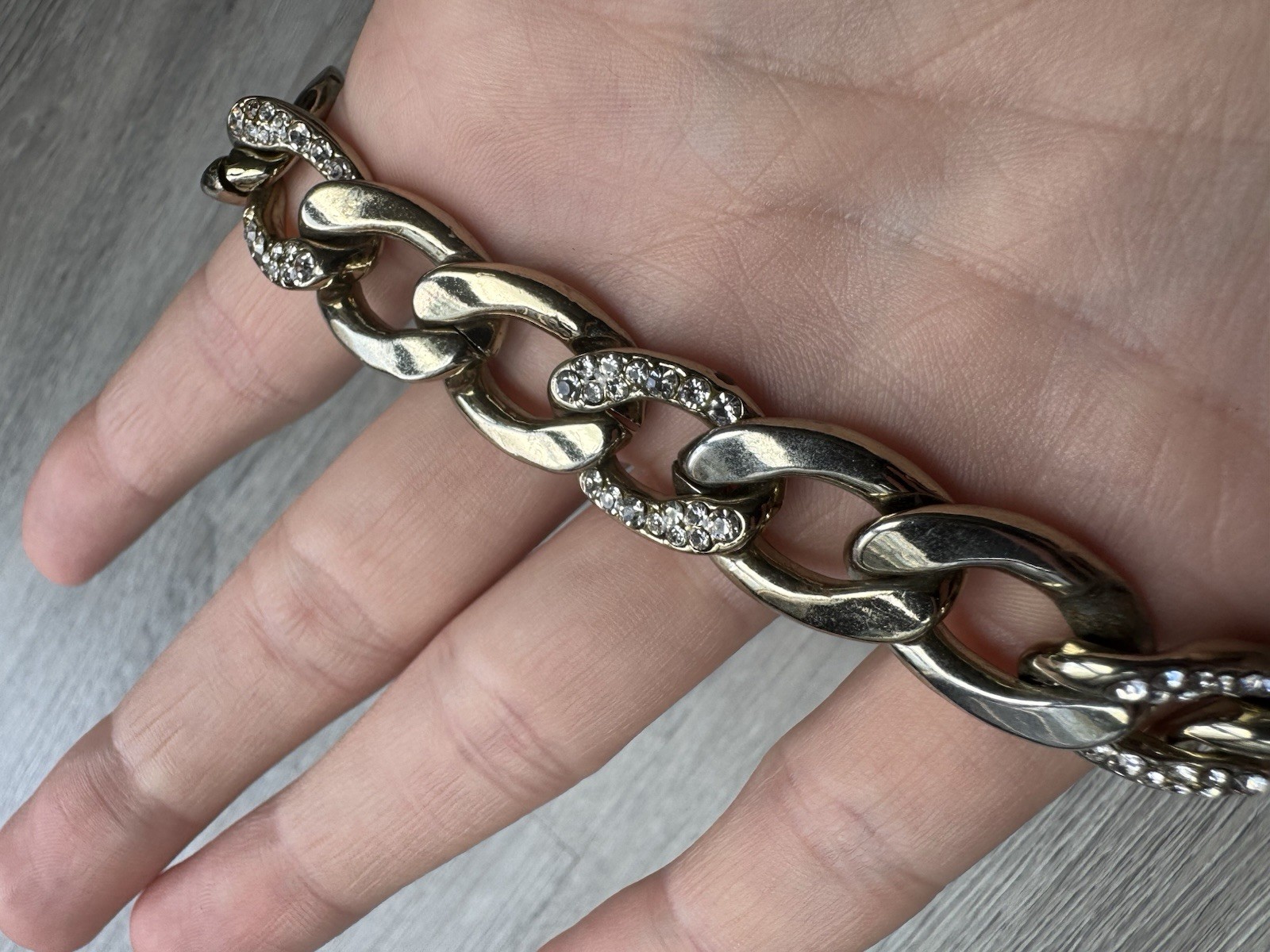 Chunky Silver Gold Tone Link Chain Bracelet Rhinestone Accent Toggle Clasp VS