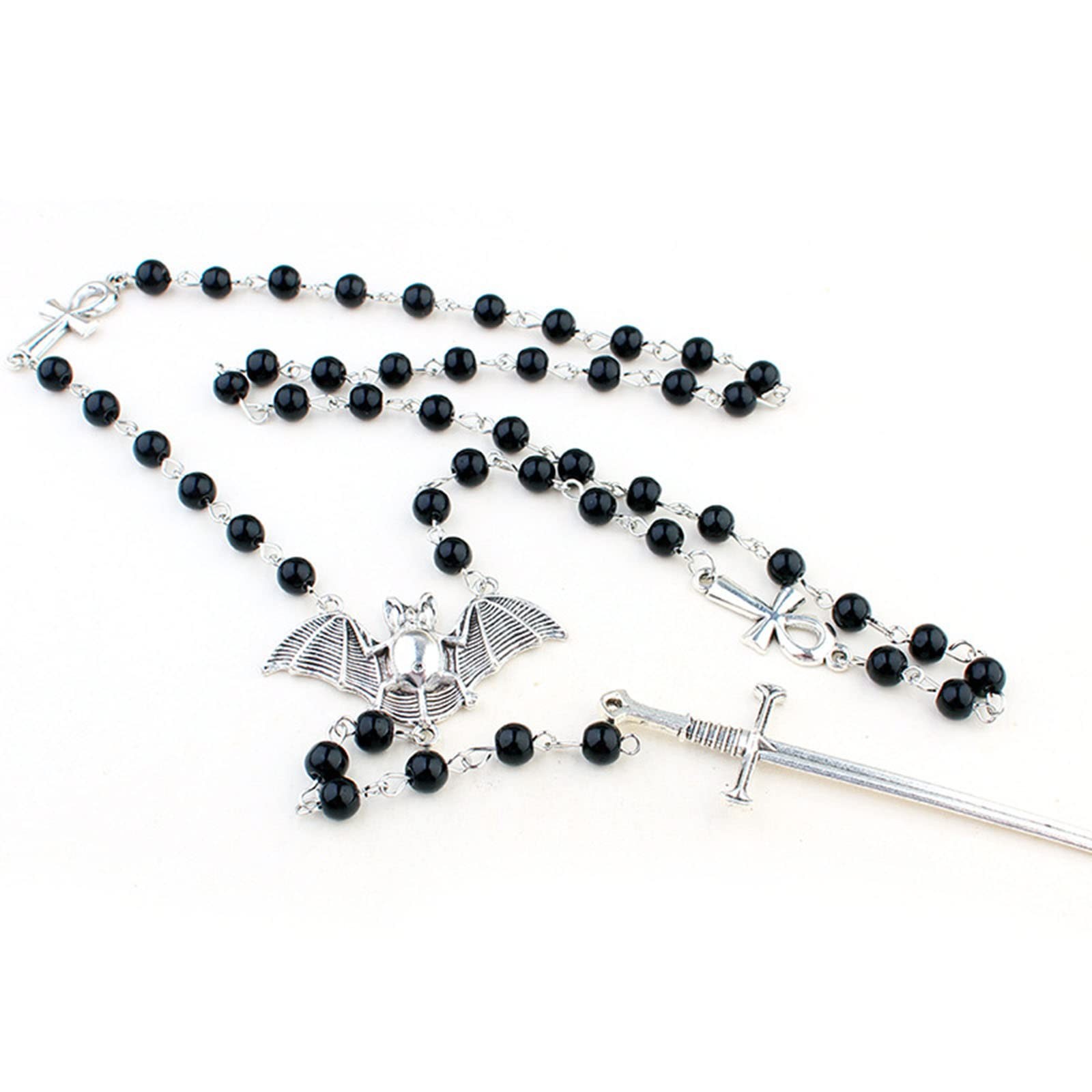 Ankh Cross Black Beads Bat Necklace Punk Cool Long Rosary Beaded Necklace Got…