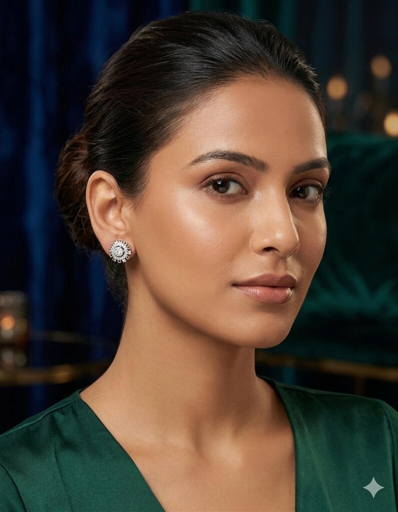 Silver CZ Crystal Stud Earrings Women Round Bridal Wedding Minimalist Jewelry
