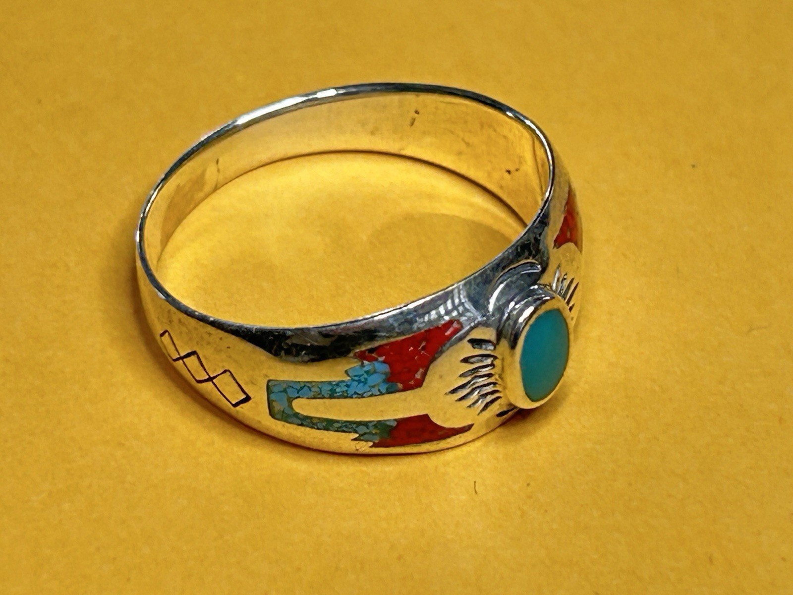 Southwest Silver Ring Native American Indian Style Turquoise with Red Coral