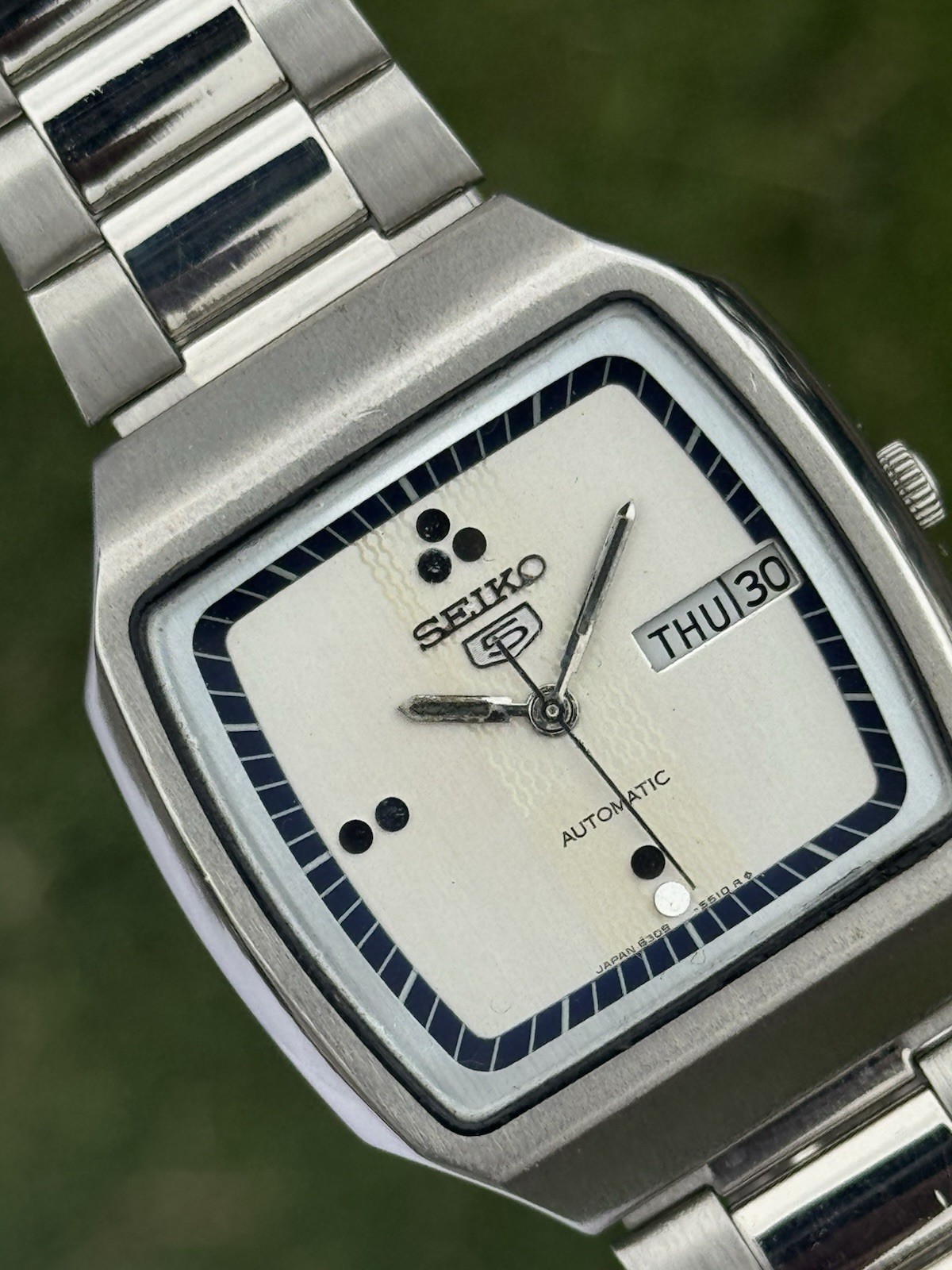 Vintage Seiko 5 Automatic 6309 Mens WristWatch Silver TV Dial Day Date Japan 21J