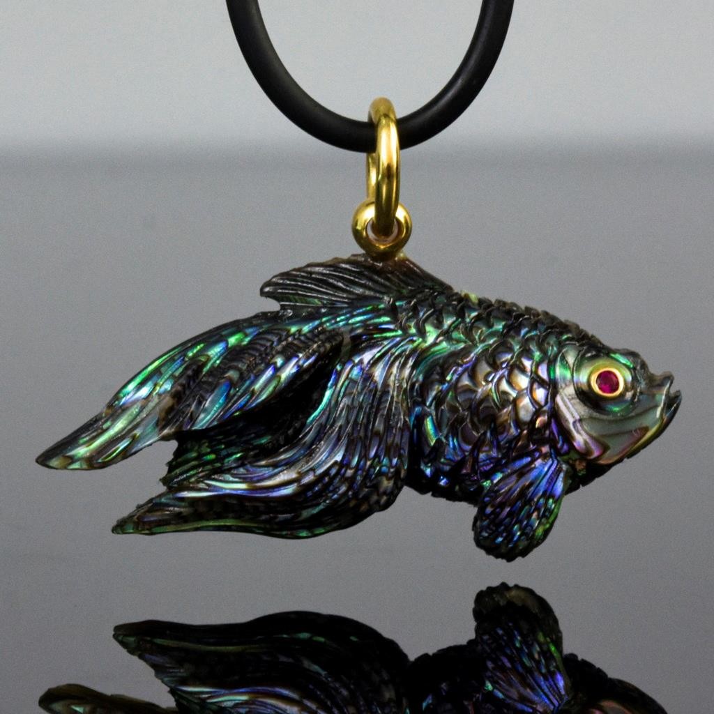 Gold Fish Pendant Carved Abalone Shell Gold Vermeil Sterling Silver Ruby 9.71g